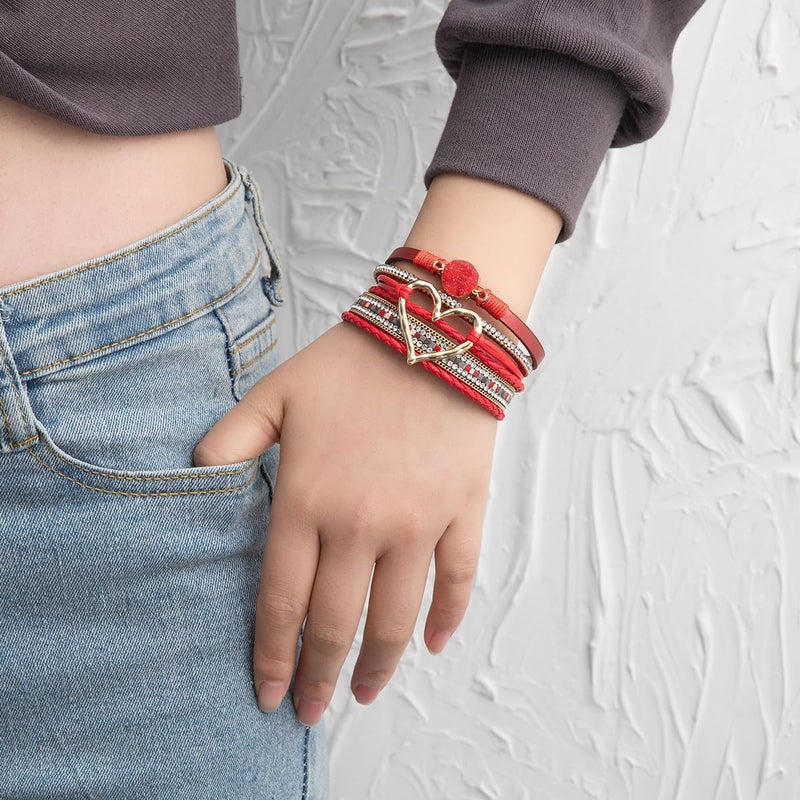 Rantanto Braid Leather Wrap Bracelet Trendy Stackable Crystal Cuff Boho Gold Heart Bracelet Jewelry Gift For Women - Image 3